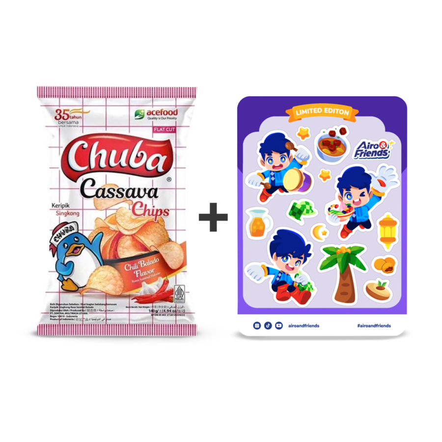 [Bundle] 1 Chuba Cassava Chips Chili Balado 140gram + 1 Sticker Sheet Airo & Friends - Lebaran