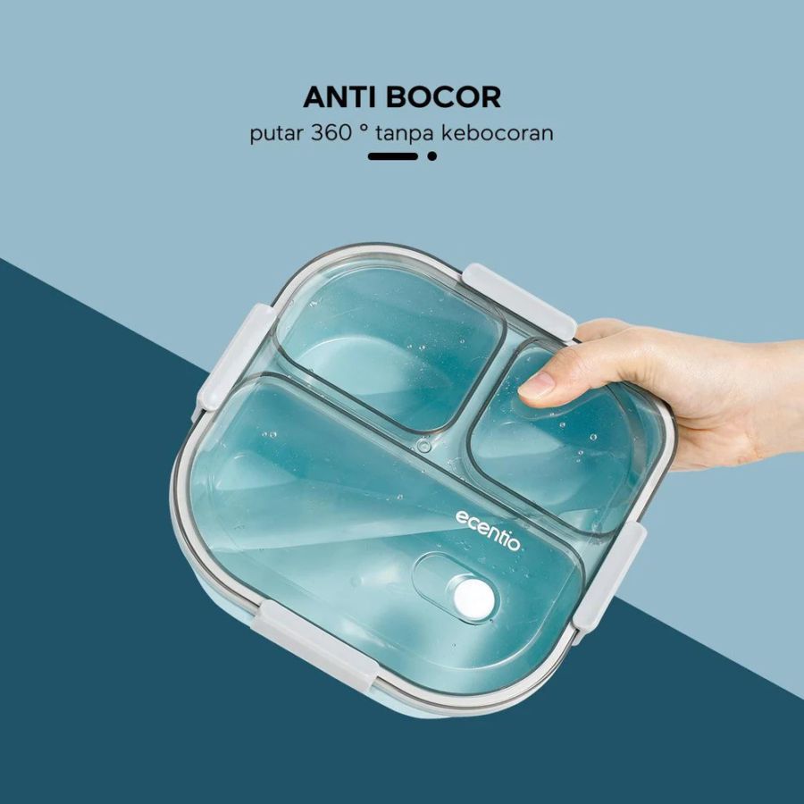 Ecentio Kotak Bekal Anti Tumpah 3 Grid Skyblue 1100ml 1pcs