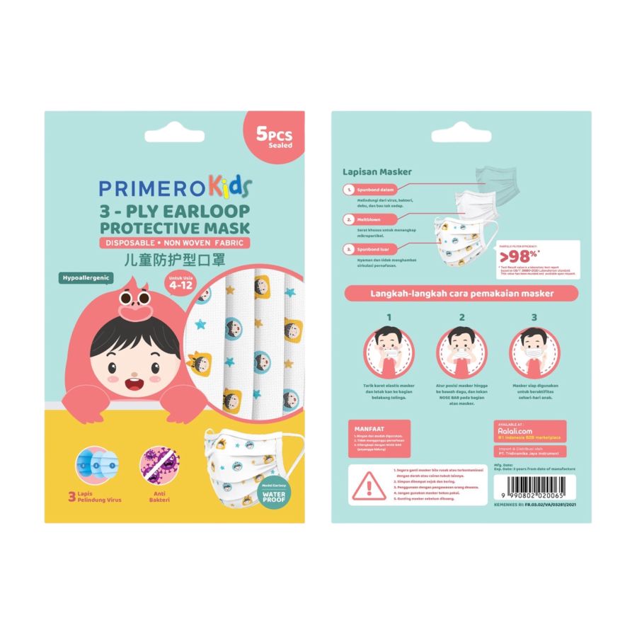 Primero Kids 3 Ply Earloop Masker Anak Sachet 1 Box 50pcs