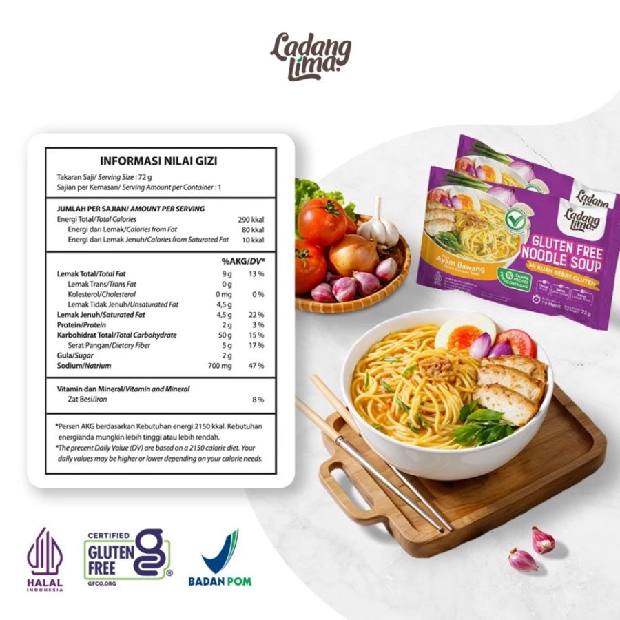 Ladang Lima Mie Kuah Ayam Bawang Bebas Gluten Mie Instan 72gram