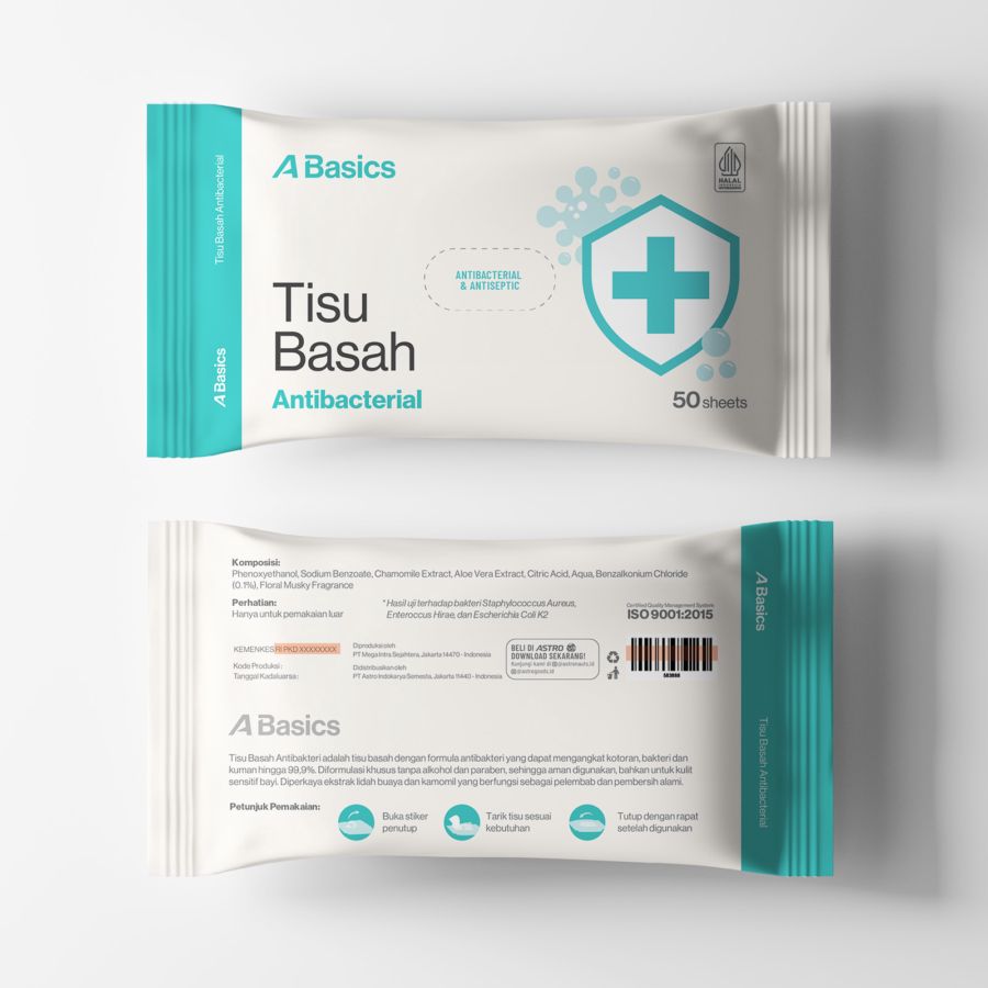 Tisu Basah Antibacterial A Basics 50 sheets 1pcs