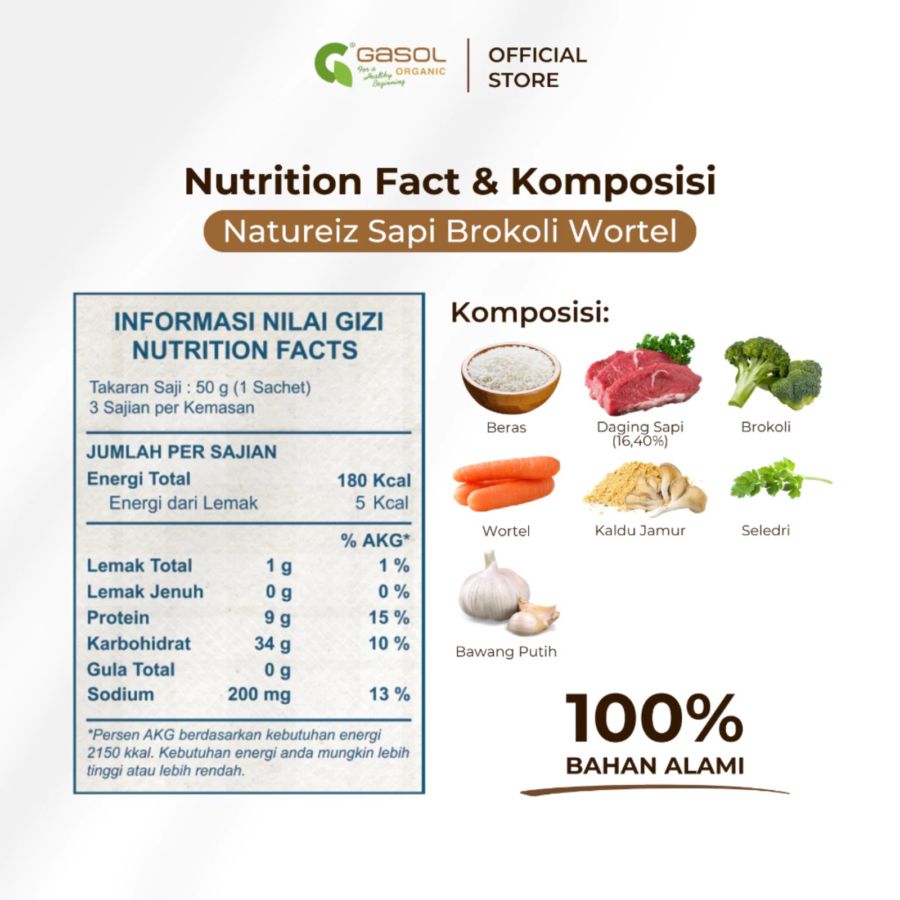 GASOL Organic Natureiz Rice Booster Sapi, Brokoli, Wortel MPASI 150gram