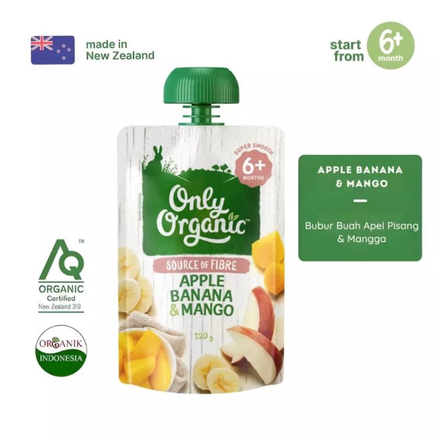 Only Organic Apple, Banana, & Mango 6+ Months Makanan Bayi 120gram