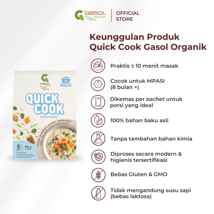 GASOL Organic Quick Cook Bubur Beras Ayam, Labu Madu, Bayam, Bawang Daun MPASI 100gram