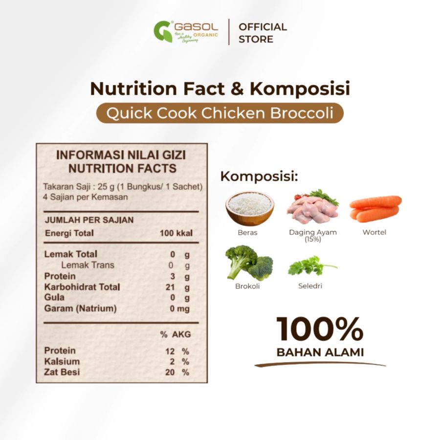 GASOL Organic Quick Cook Bubur Beras Ayam, Seledri, Wortel, Brokoli MPASI 100gram