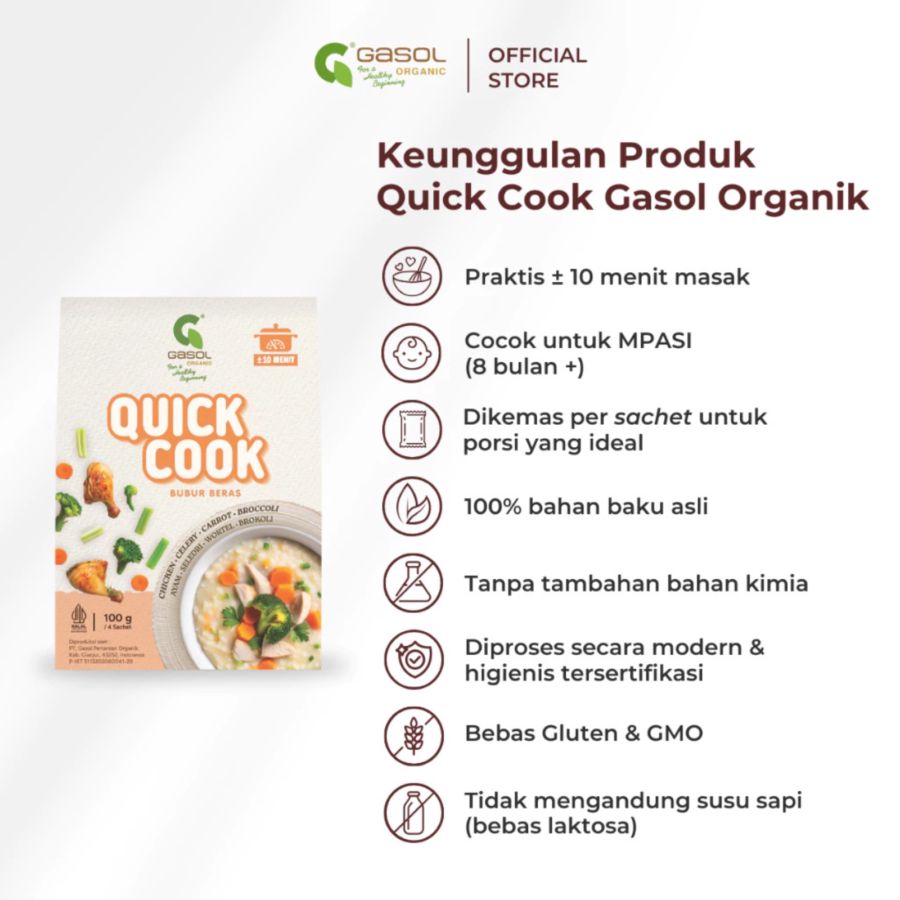 GASOL Organic Quick Cook Bubur Beras Ayam, Seledri, Wortel, Brokoli MPASI 100gram