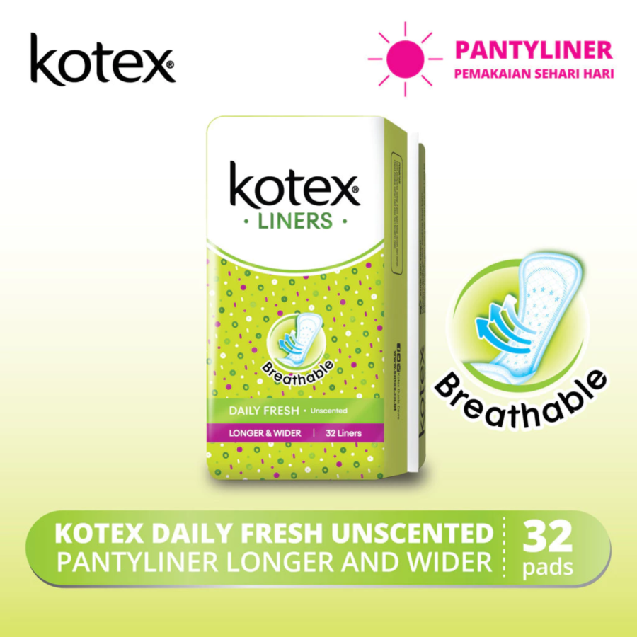 Kotex Liners Breathable Daily Fresh Unscented Longer & Wider Pantyliner 32pads