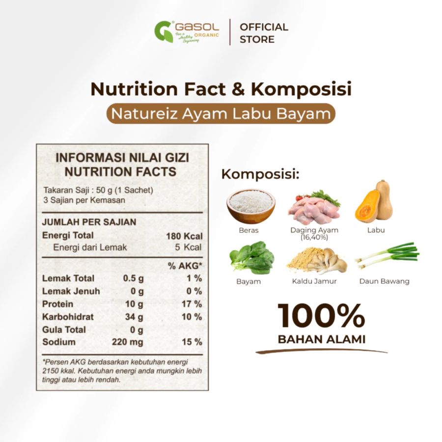 GASOL Organic Natureiz Rice Booster Ayam, Labu, dan Bayam MPASI 150gram