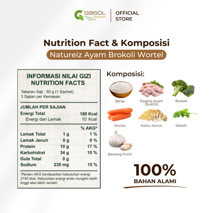 GASOL Organic Natureiz Rice Booster Ayam, Brokoli, dan Wortel MPASI 150gram