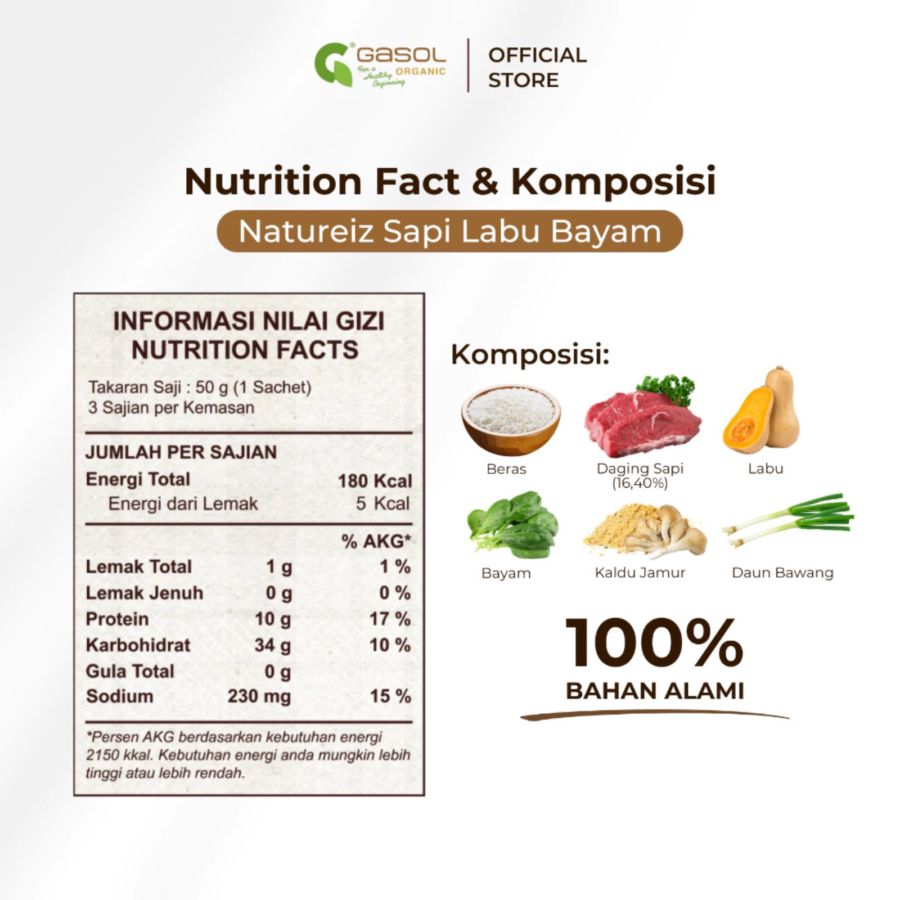 GASOL Organic Natureiz Rice Booster Sapi, Labu, dan Bayam MPASI 150gram