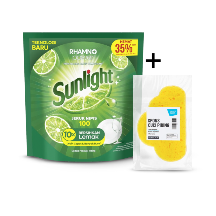 Bundle Sunlight Jeruk Nipis Cairan Pencuci Piring Refill 910 gram dan Spons Cuci Piring Awan A Basics