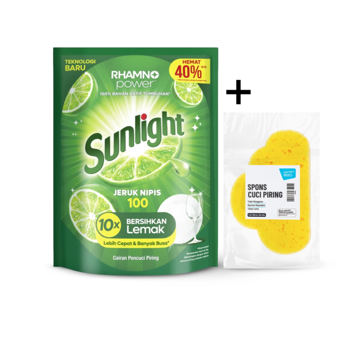 Bundle Sunlight Jeruk Nipis Cairan Pencuci Piring Refill 1500 gram dan Spons Cuci Piring Awan A Basics
