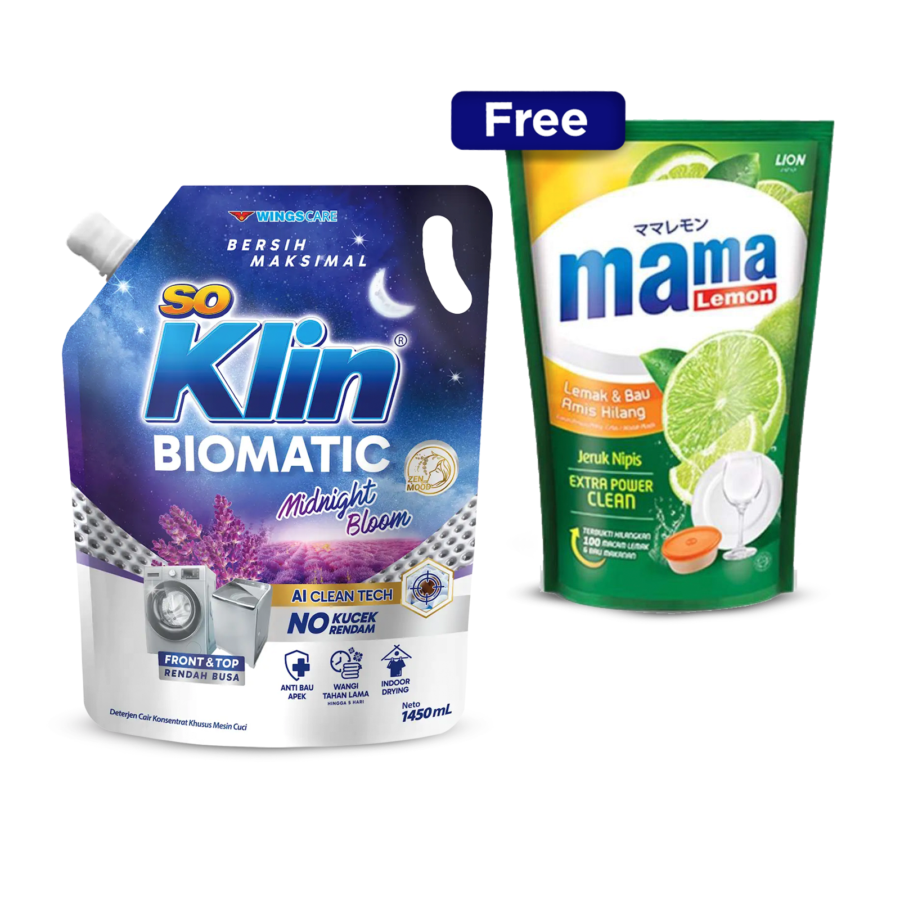 Buy 1 SoKlin Biomatic Liquid Midnight 1450 ml Free 1pcs Mama Lemon Jeruk Nipis 680ml