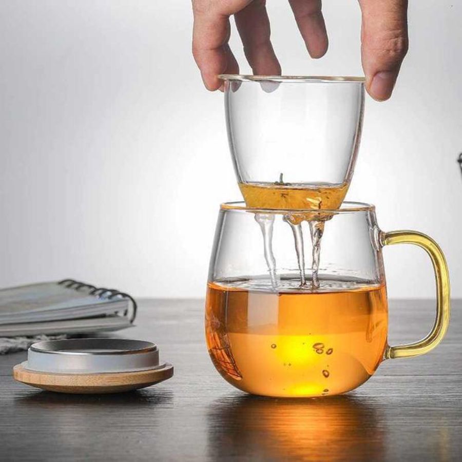 One Two Cups Cangkir Teh Saringan Kaca Tahan Panas Infuser Mug 420ml - C225 - Transparent 1pcs