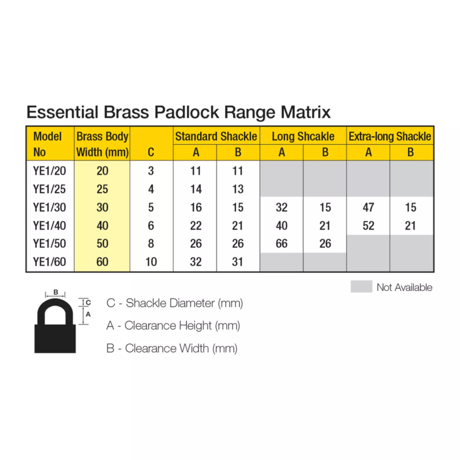 Yale Essential Series Indoor Brass Long Shackle Padlock 50mm 1pcs