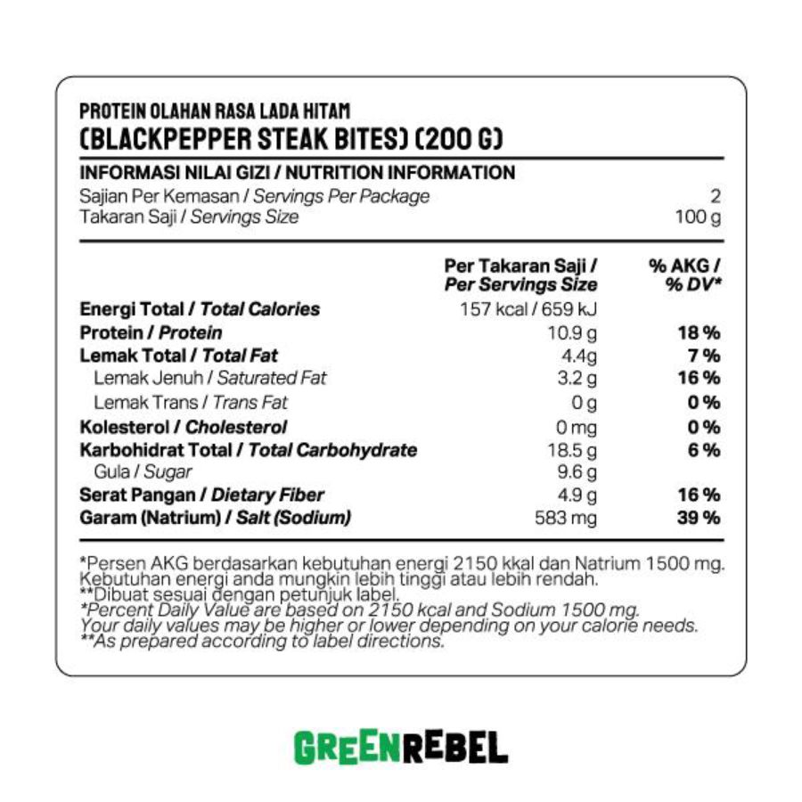 Green Rebel Protein Olahan Rasa Lada Hitam Blackpepper Steak Bites 200gram