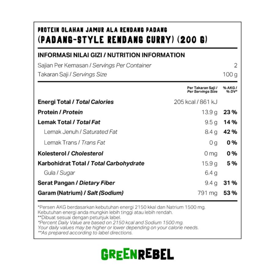 Green Rebel Protein Olahan Jamur Ala Indonesian Rendang Curry 200gram