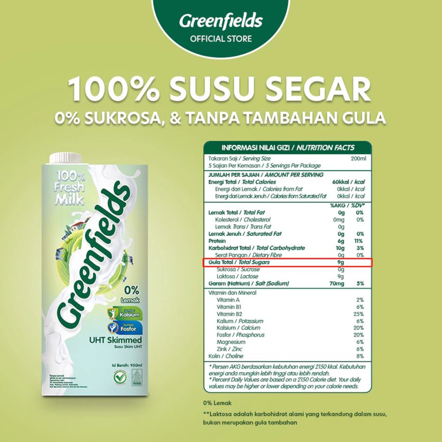 Greenfields Skim Milk Susu UHT 950ml