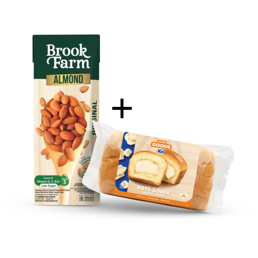Paket Sarapan 1 Roti Sobek Keju Astro Goods 225 g x Kiri Cheese & Brookfarm Almond Milk Original 200 ml  1pcs