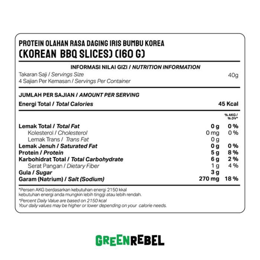 Green Rebel Protein Olahan Rasa Daging Iris Bumbu Korea Korean BBQ Slices 160gram