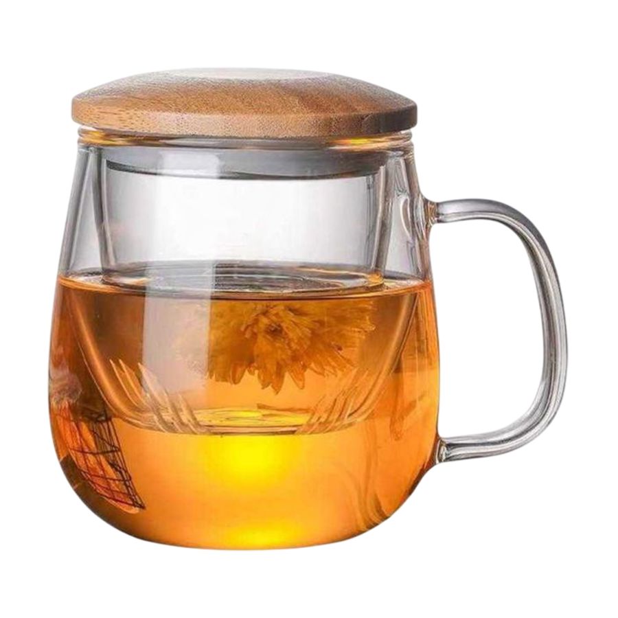 One Two Cups Cangkir Teh Saringan Kaca Tahan Panas Infuser Mug 420ml - C225 - Transparent 1pcs