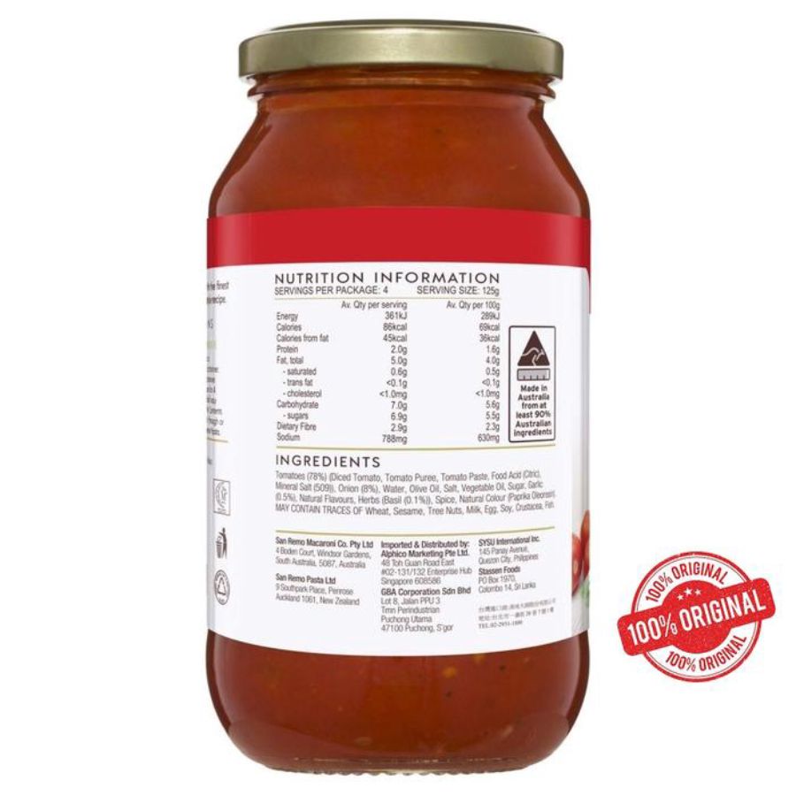 San Remo Homestyle Pasta Sauce Tomato & Basil 500gram
