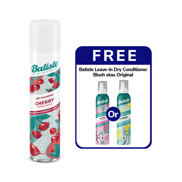 B1G1 Batiste Dry Shampoo Fruity & Cheeky Cherry 200ml Free Batiste Leave-in Dry Conditioner Original/Blush 100ml