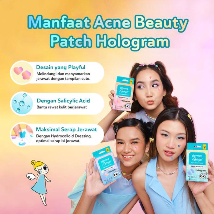Derma Angel Acne Beauty Patch Playful Mix Shaped Heart and Flower Hologram 12patch