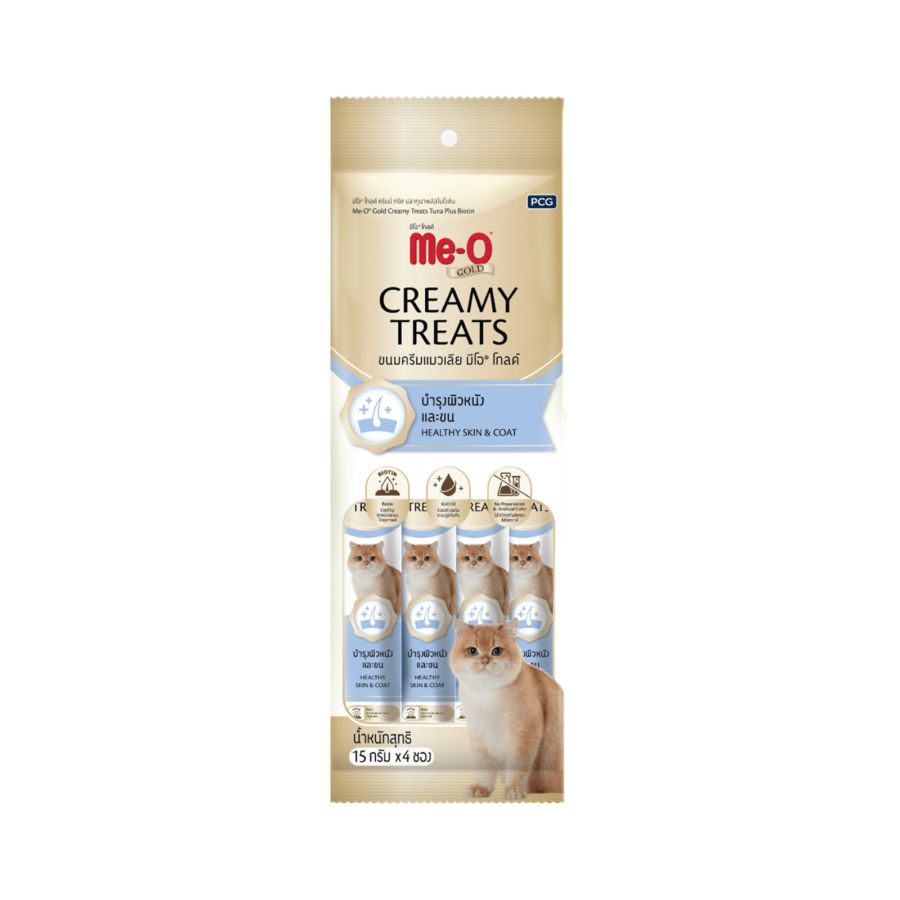 Me-O Gold Creamy Treats Tuna Plus Biotin Snack Kucing 4 sticks x 15 gram 1pack