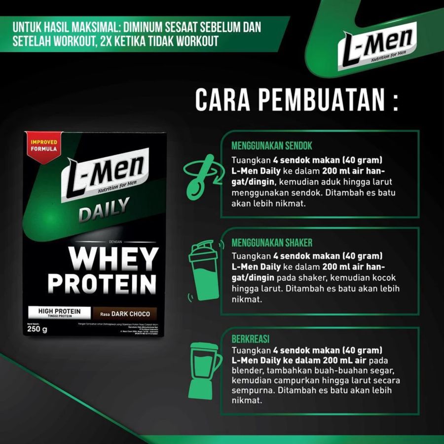 L-Men Whey Daily Dark Chocolate Suplemen Tinggi Whey Protein 250gram