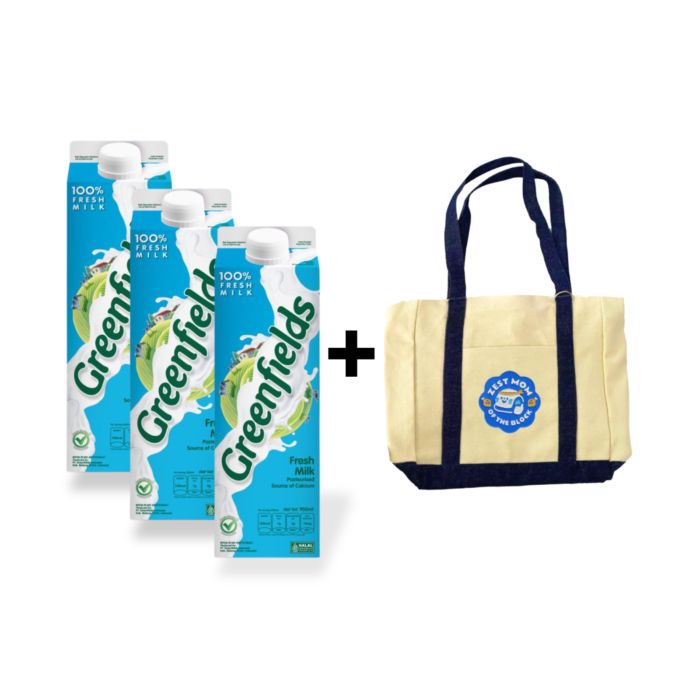 [Bundle] 3 Greenfields Fresh Milk Plain/Susu Segar 950ml + 1 Essential Tote Bag Size M Astro Kids 1 pcs