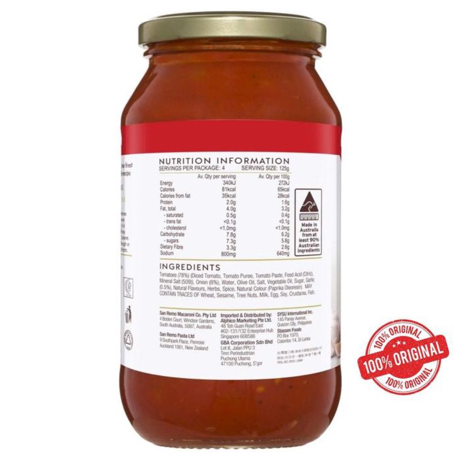 San Remo Homestyle Pasta Sauce Tomato, Onion & Garlic 500gram