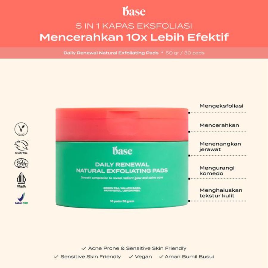 Base Daily Renewal Natural Exfoliating Pads - Kapas Eksfoliasi 30pcs