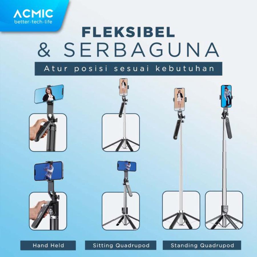 ACMIC 360° Rotating Moving Tongsis Tripod Quadpod 4 Kaki Bluetooth Remote Selfie Stick180 cm QR18 1pcs