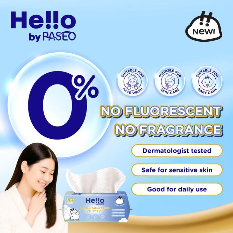 Paseo Hello Premium Facial Towel Cotton Soft Tisu Wajah 60sheets