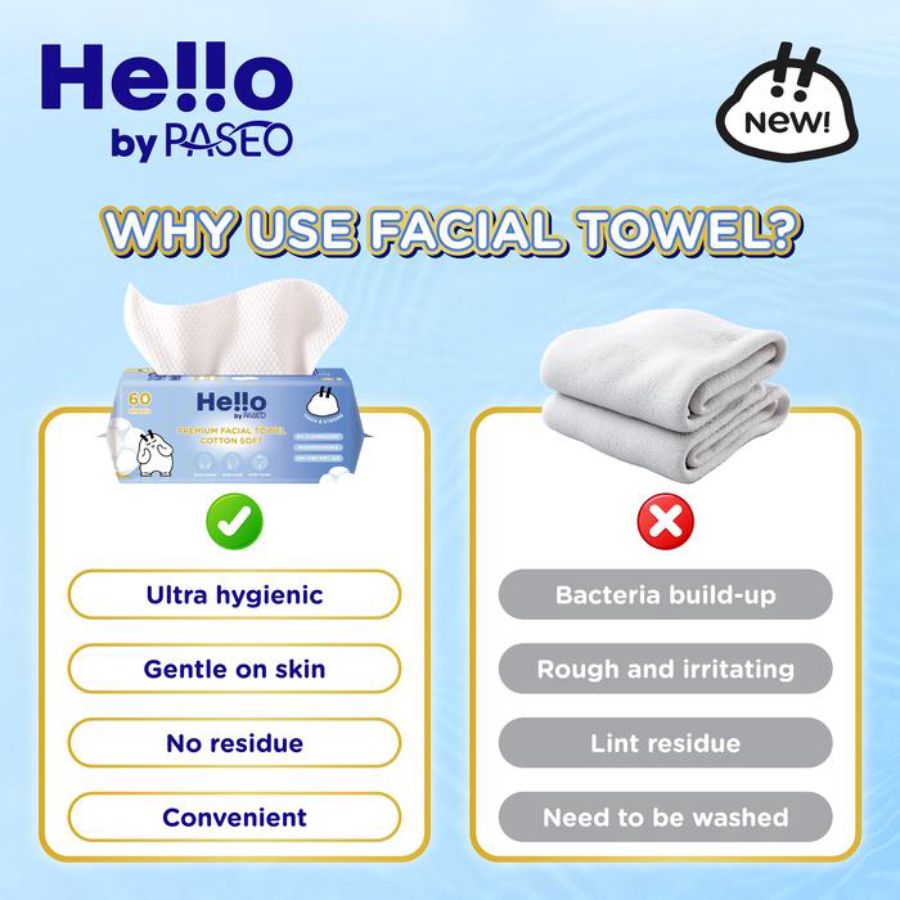 Paseo Hello Premium Facial Towel Cotton Soft Tisu Wajah 60sheets