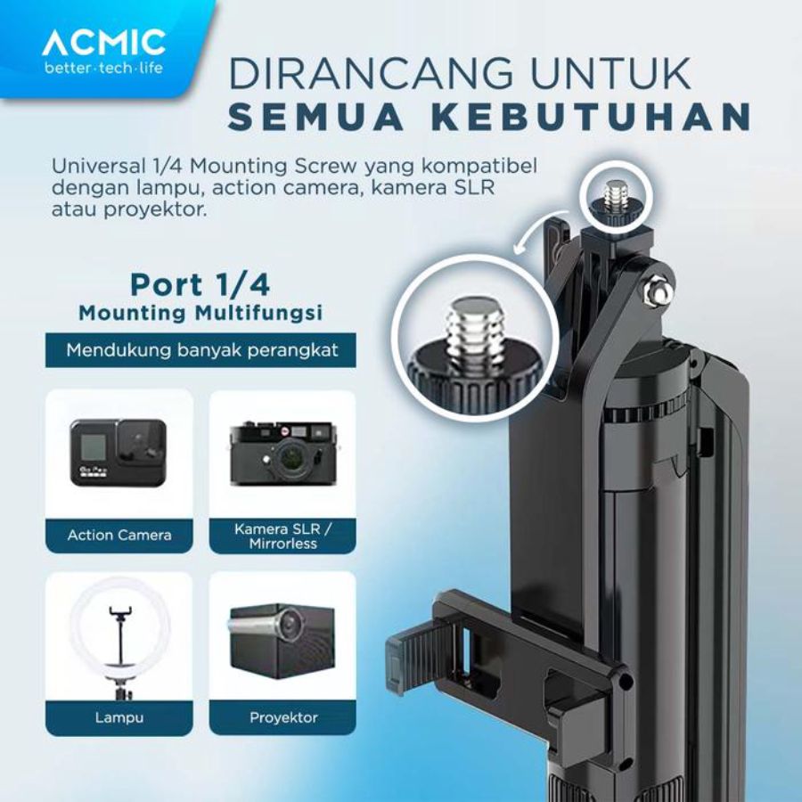 ACMIC 360° Rotating Moving Tongsis Tripod Quadpod 4 Kaki Bluetooth Remote Selfie Stick180 cm QR18 1pcs