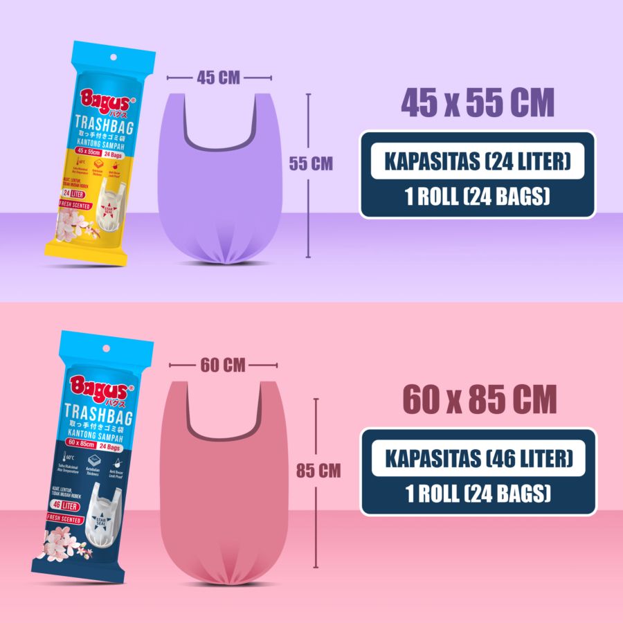 Bagus Trashbag Roll T-shirt Size 60 x 85 cm 46 Liter Fresh Scented 24 Bags