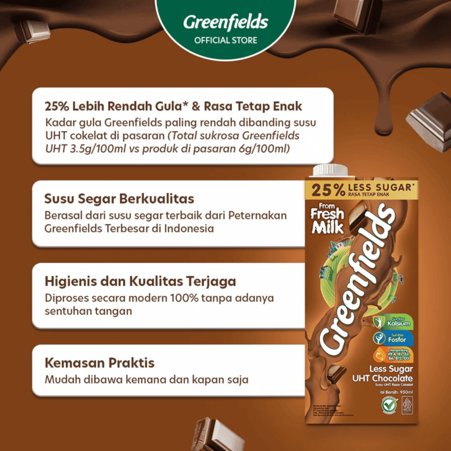 Greenfields Chocolate Susu UHT Less Sugar