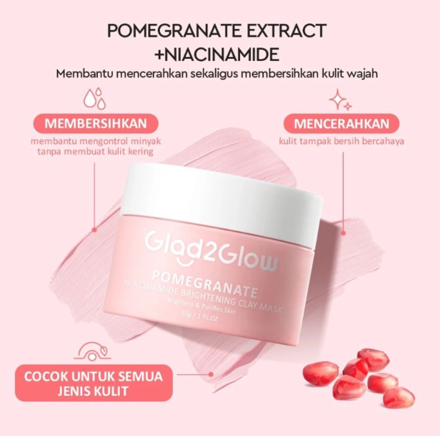 Glad2Glow Pomegranate Niacinamide Brightening Clay Masker Wajah 30gram