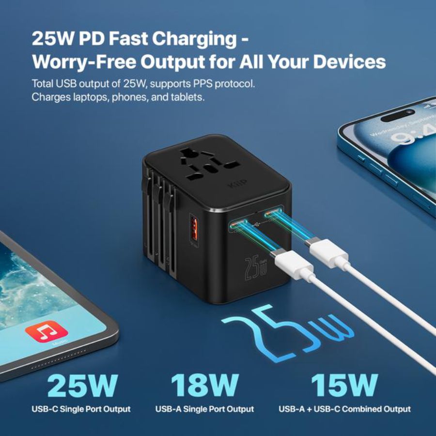 Kiip Universal Travel Adapter GaN 25 Watt Hitam C27T 1pcs