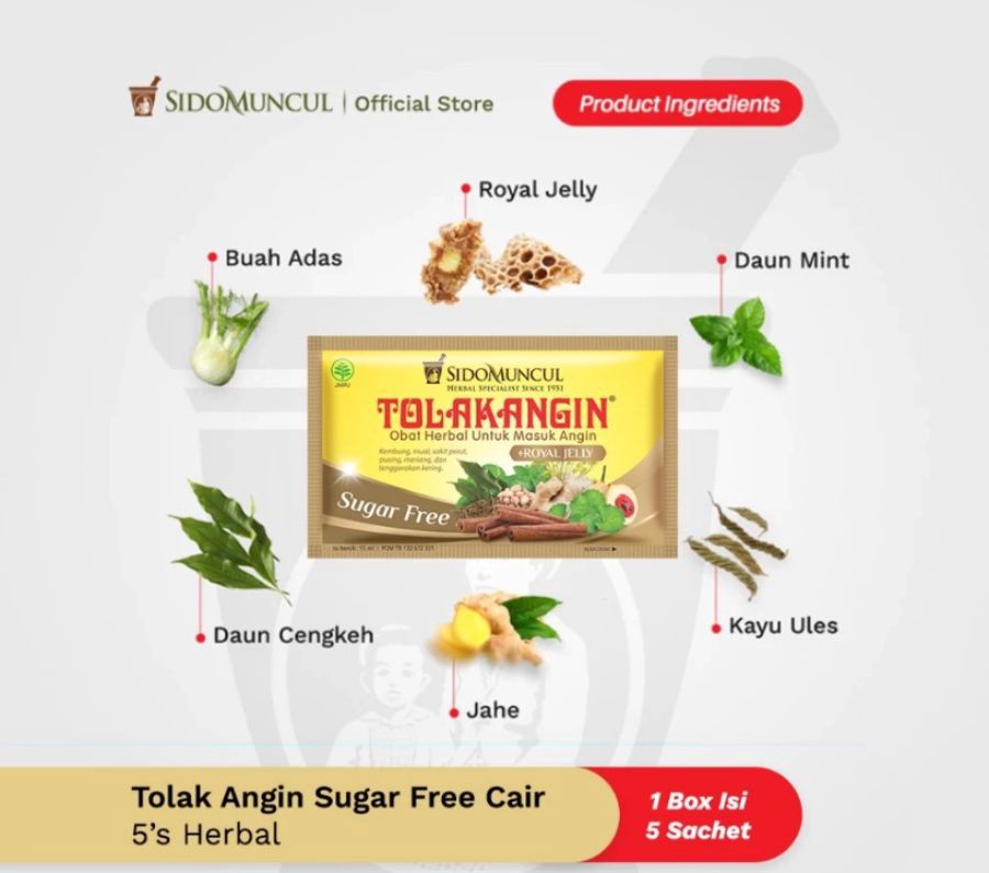 Tolak Angin Bebas Gula Royal Jelly Obat Herbal Masuk Angin 5 sachets 1box