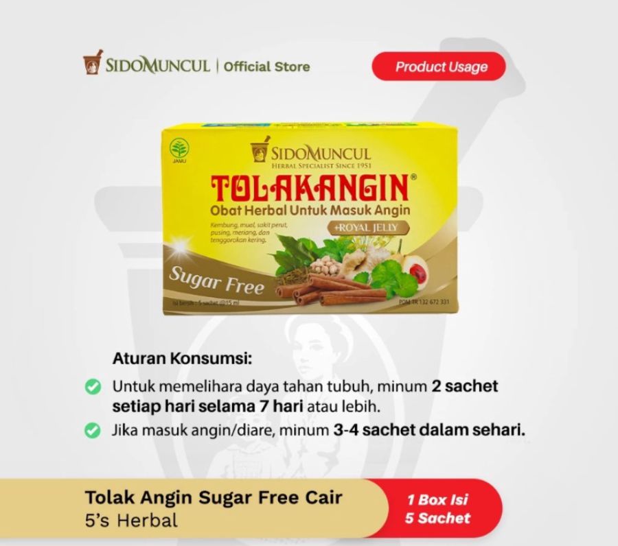 Tolak Angin Bebas Gula Royal Jelly Obat Herbal Masuk Angin 5 sachets 1box