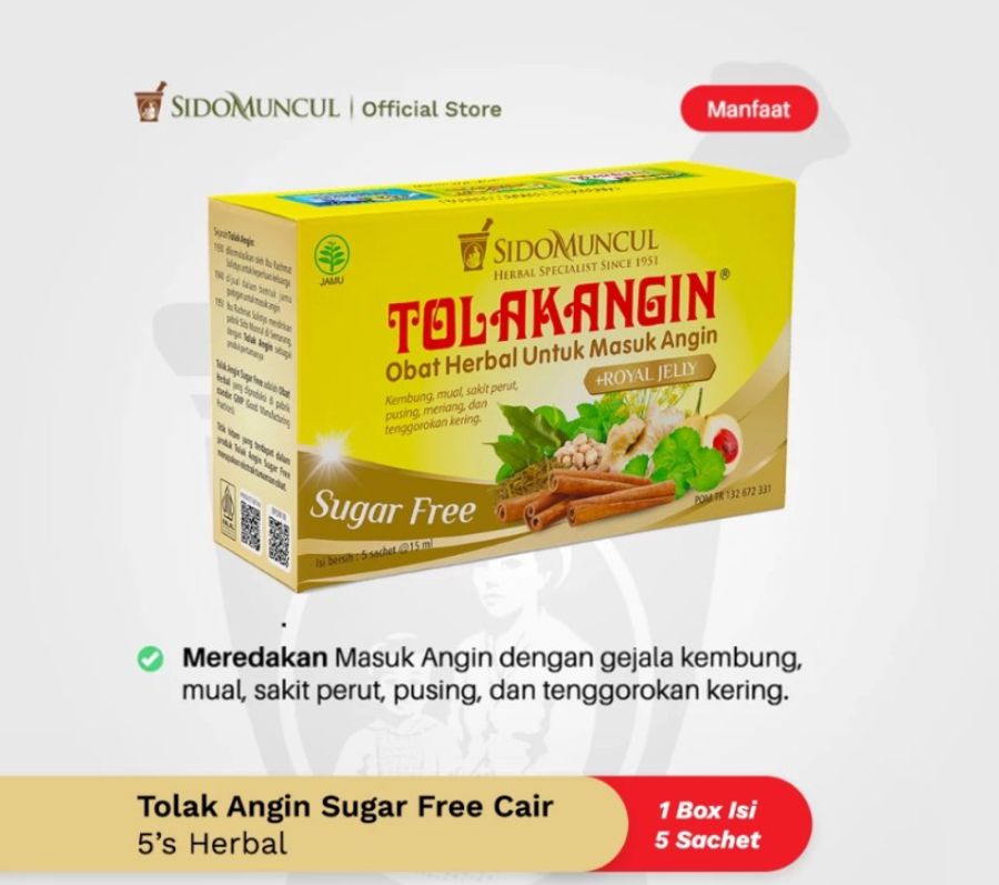 Tolak Angin Bebas Gula Royal Jelly Obat Herbal Masuk Angin 5 sachets 1box