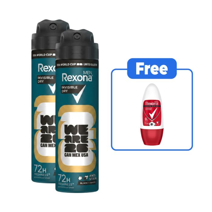 [FIFA Exclusive] Buy 2 Rexona Men Invisible Dry Black & White Deodorant Spray 135ml + Free Fresh Strike Roll On 40ml