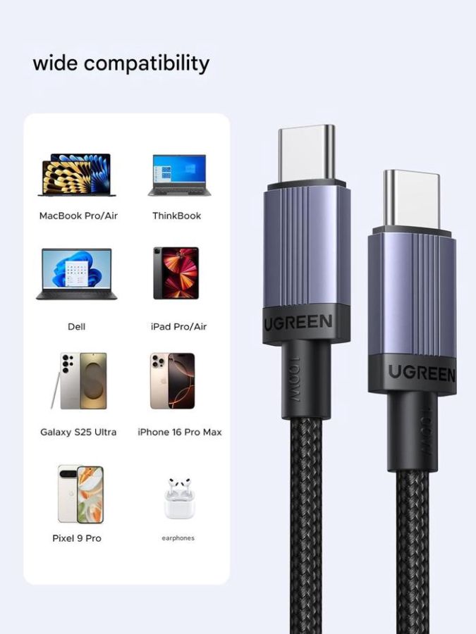 Ugreen Cable USB Type c to Type C Nylon 240 W 2 M Black 1pcs