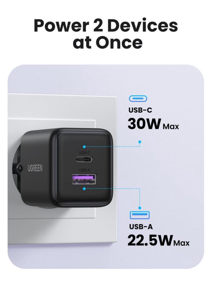 Ugreen N Series Dual Port GaN 30 Watt Charger Adapter Black 1pcs