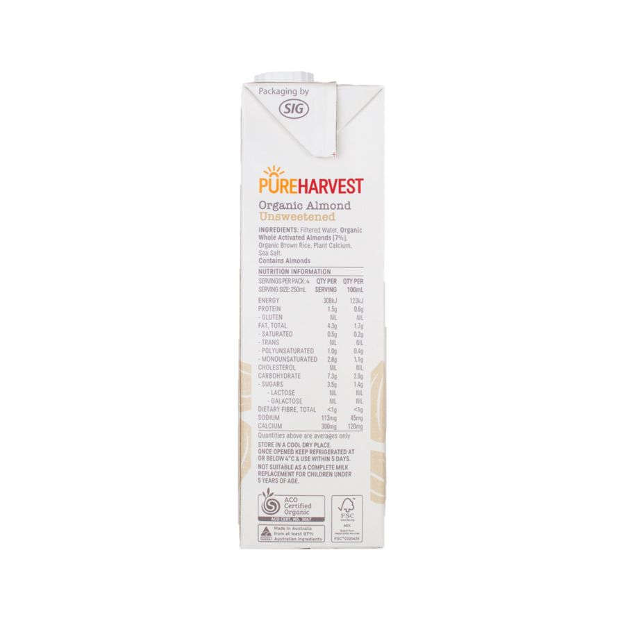 Pure Harvest Almond Milk Unsweetened 1liter