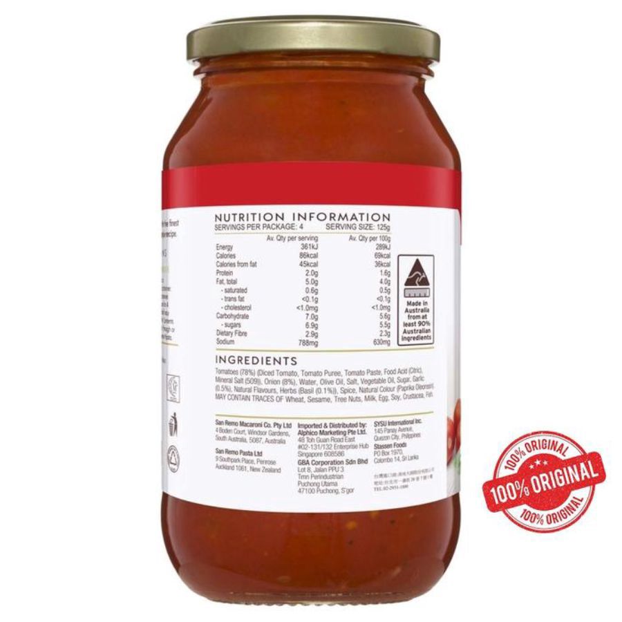 San Remo Homestyle Pasta Sauce Tomato & Basil 500gram
