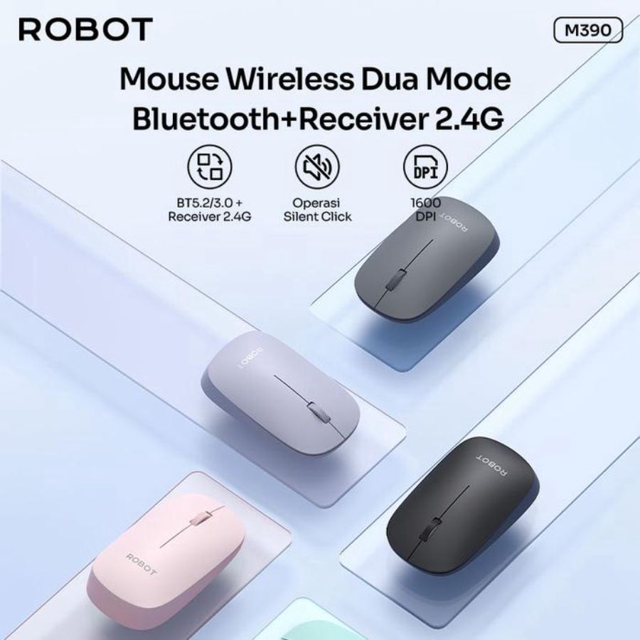 Robot Dual Mode Wireless Mouse Bluetooth + 2.4G Silent Key Grey M390 1pcs